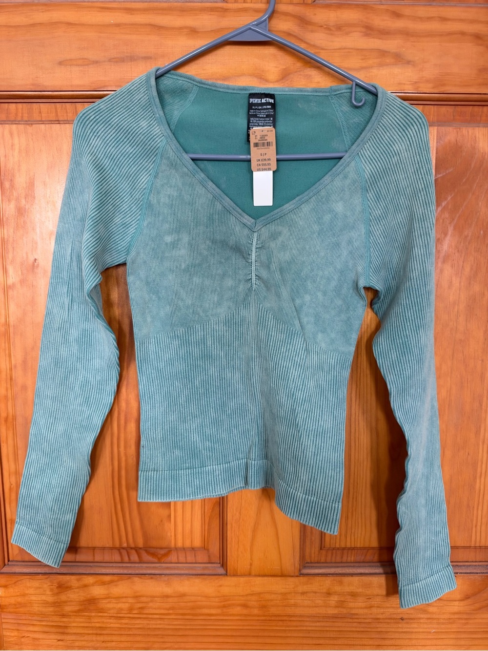 PINK Victoria's Secret Sage Green Ribbed V‑Neck Long Sleeve Top